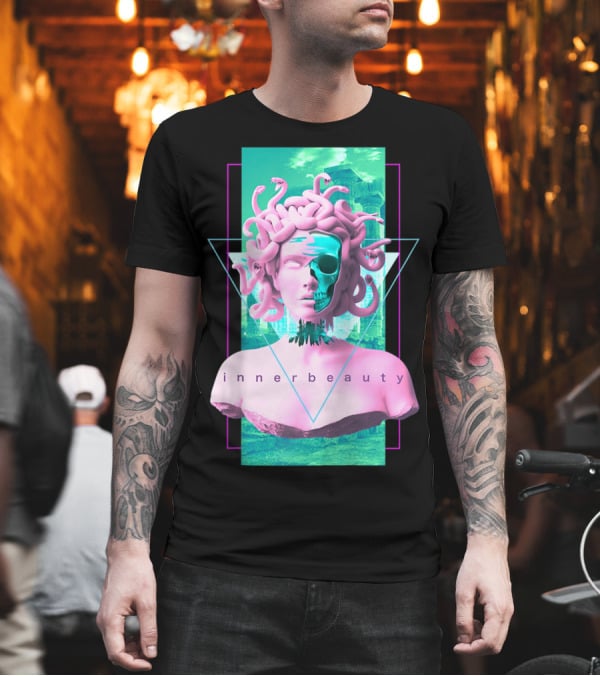 Vaporwave Inner Beauty Medusa Statue With Skull Aesthetic T-Shirt