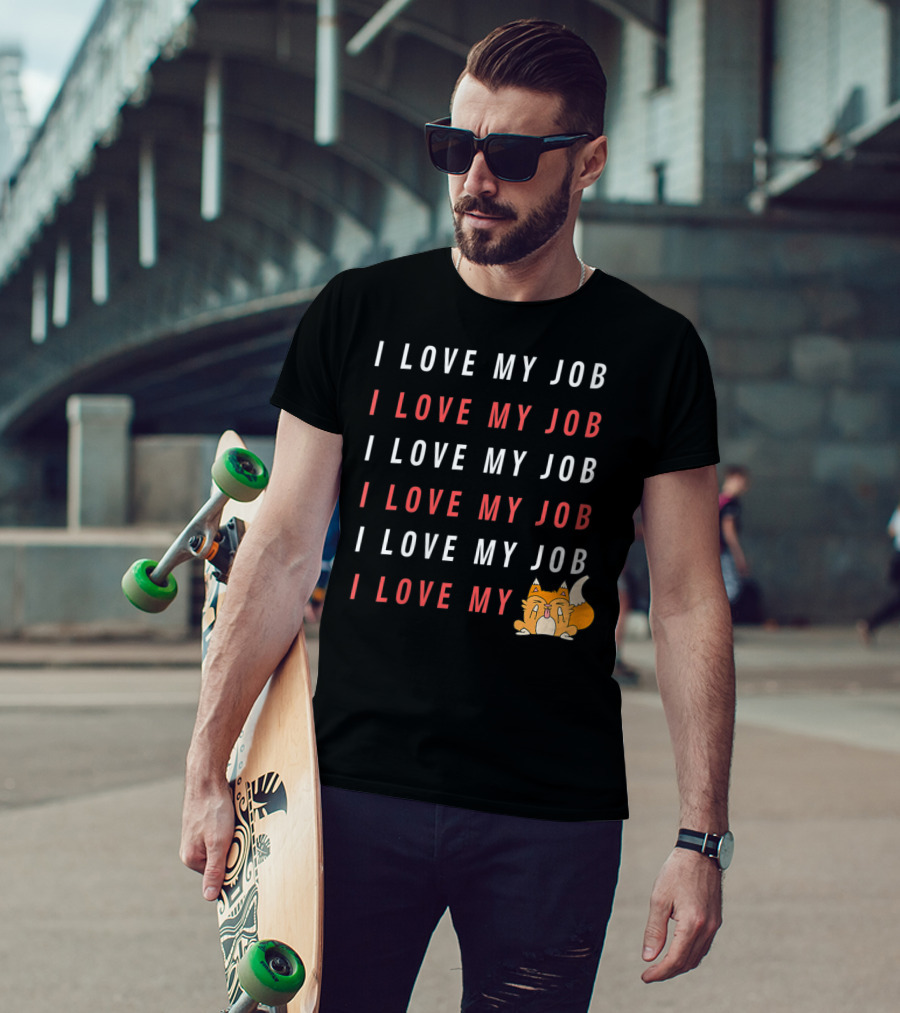 I Love My Job Cat Showing Middle Finger Repeated Text T-Shirt