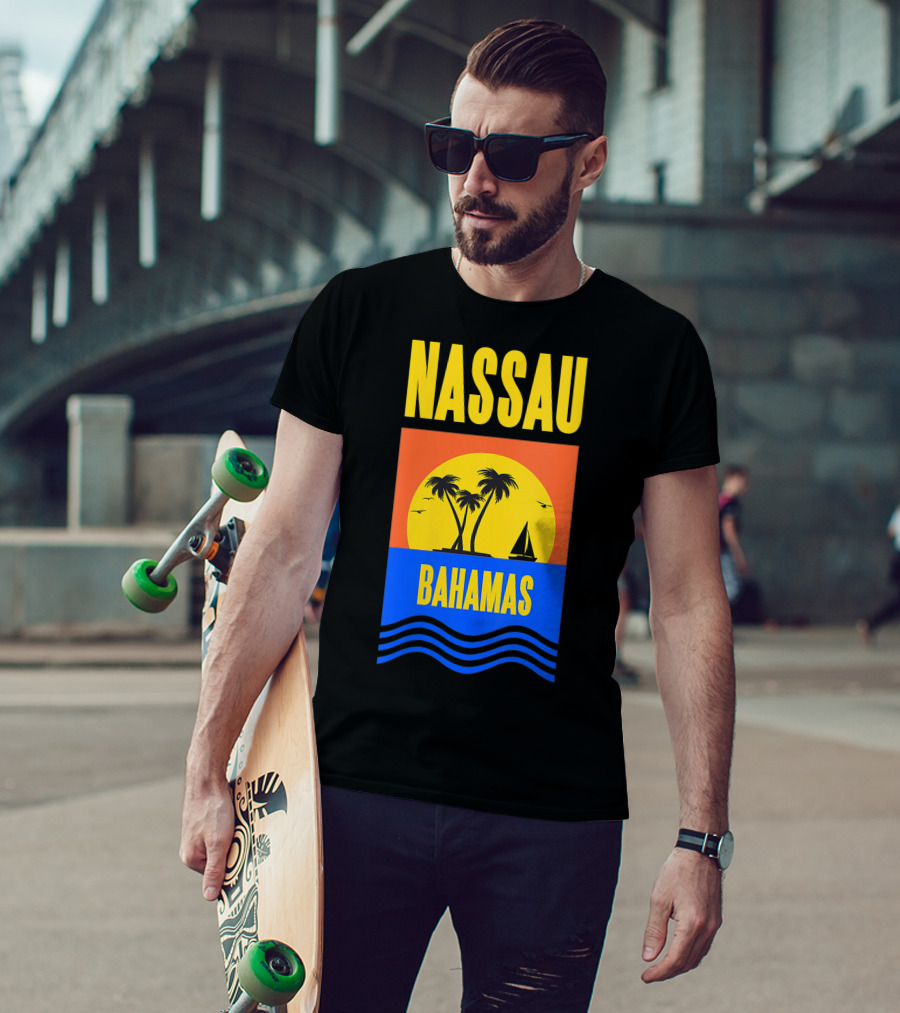 Nassau Bahamas Sunset Palm Trees And Sailboat Ocean Waves T-Shirt