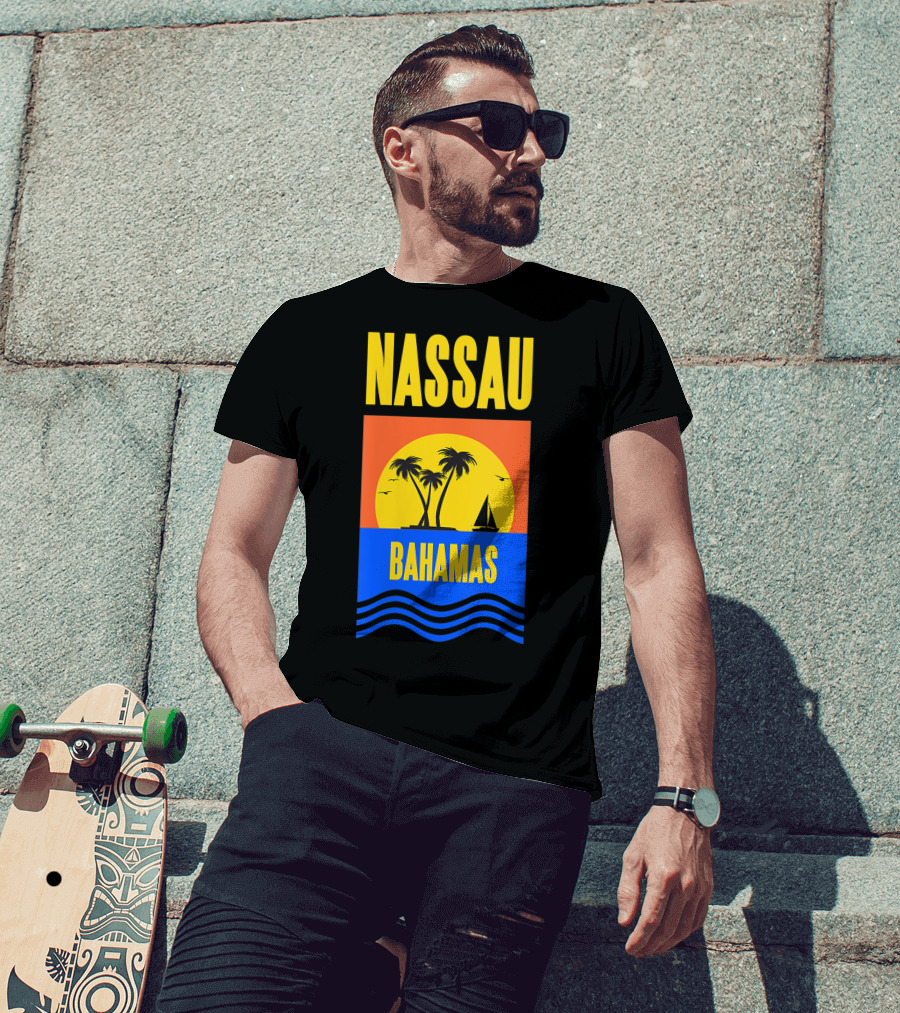 Nassau Bahamas Sunset Palm Trees And Sailboat Ocean Waves T-Shirt