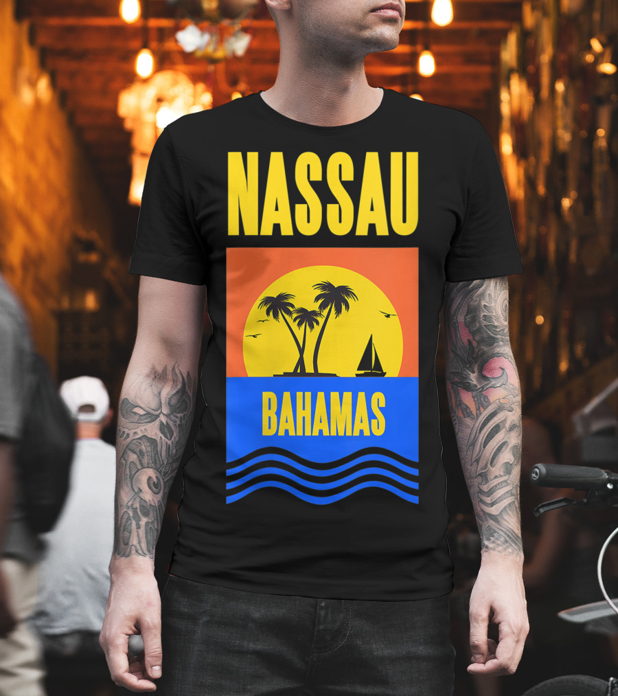 Nassau Bahamas Sunset Palm Trees And Sailboat Ocean Waves T-Shirt