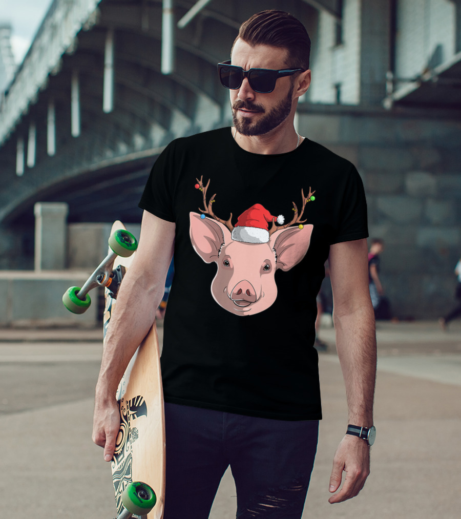 Pig With Santa Hat And Reindeer Antlers T-Shirt