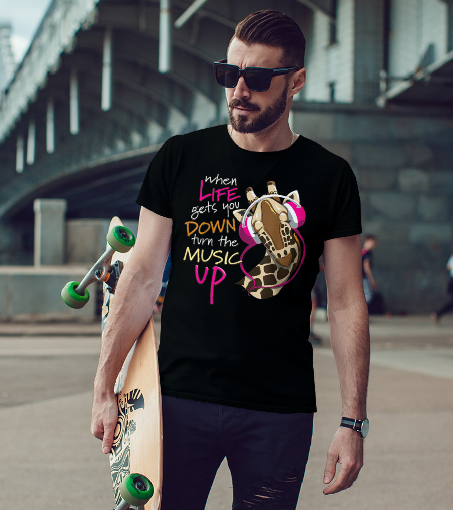 When Life Gets You Down Turn The Music Up Giraffe Headphones T-Shirt