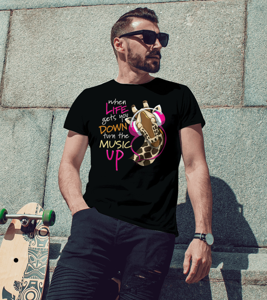 When Life Gets You Down Turn The Music Up Giraffe Headphones T-Shirt