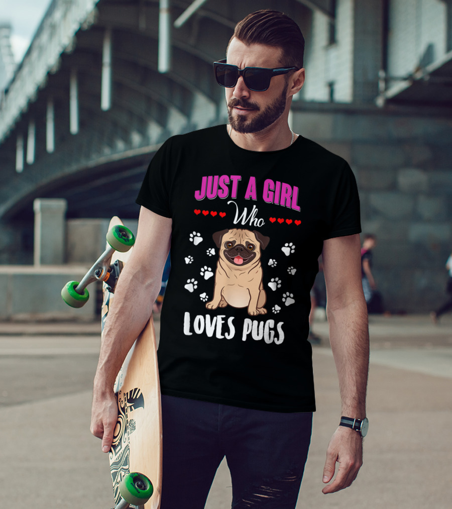 Just A Girl Who Loves Pugs With Paw Prints And Hearts T-Shirt