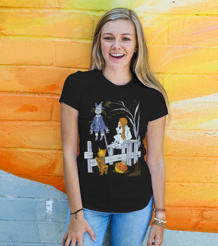 Land Of Oz Classic Scarecrow With Toto And Wizard Themes T-Shirt