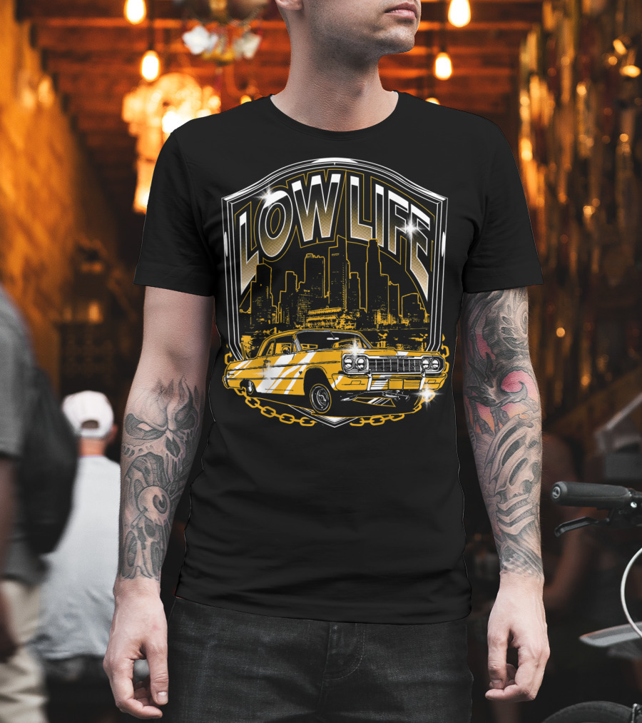 Lowrider Classic Car Low Life Skyline Scene T-Shirt