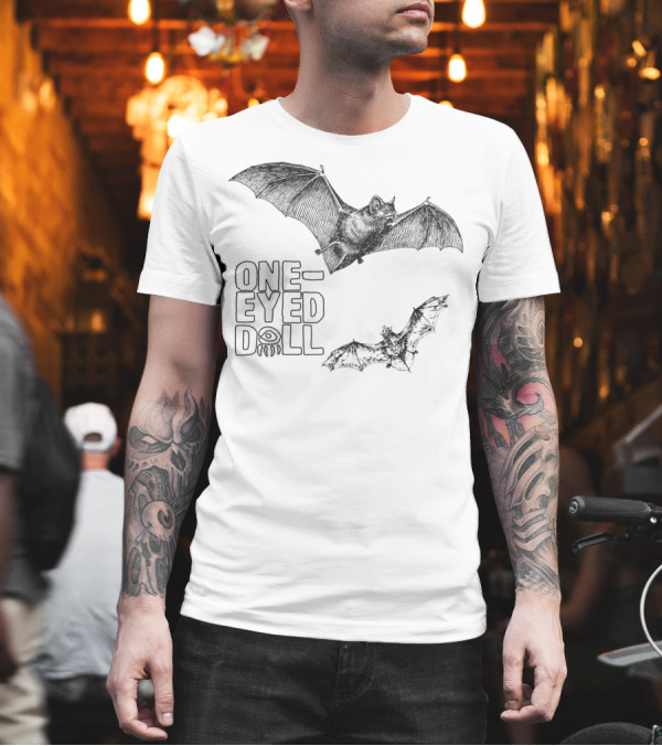 One-Eyed Doll Bats Classicfit Black Tee with Illustrated Flying Bats T-Shirt One-Eyed Doll Bats Classicfit Black Tee with Illustrated Flying Bats T-Shirt
