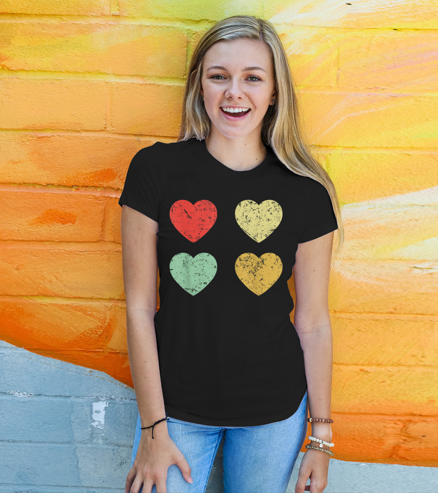Retro Vintage Hearts Valentines Day Four Colorful Grunge Hearts T-Shirt
