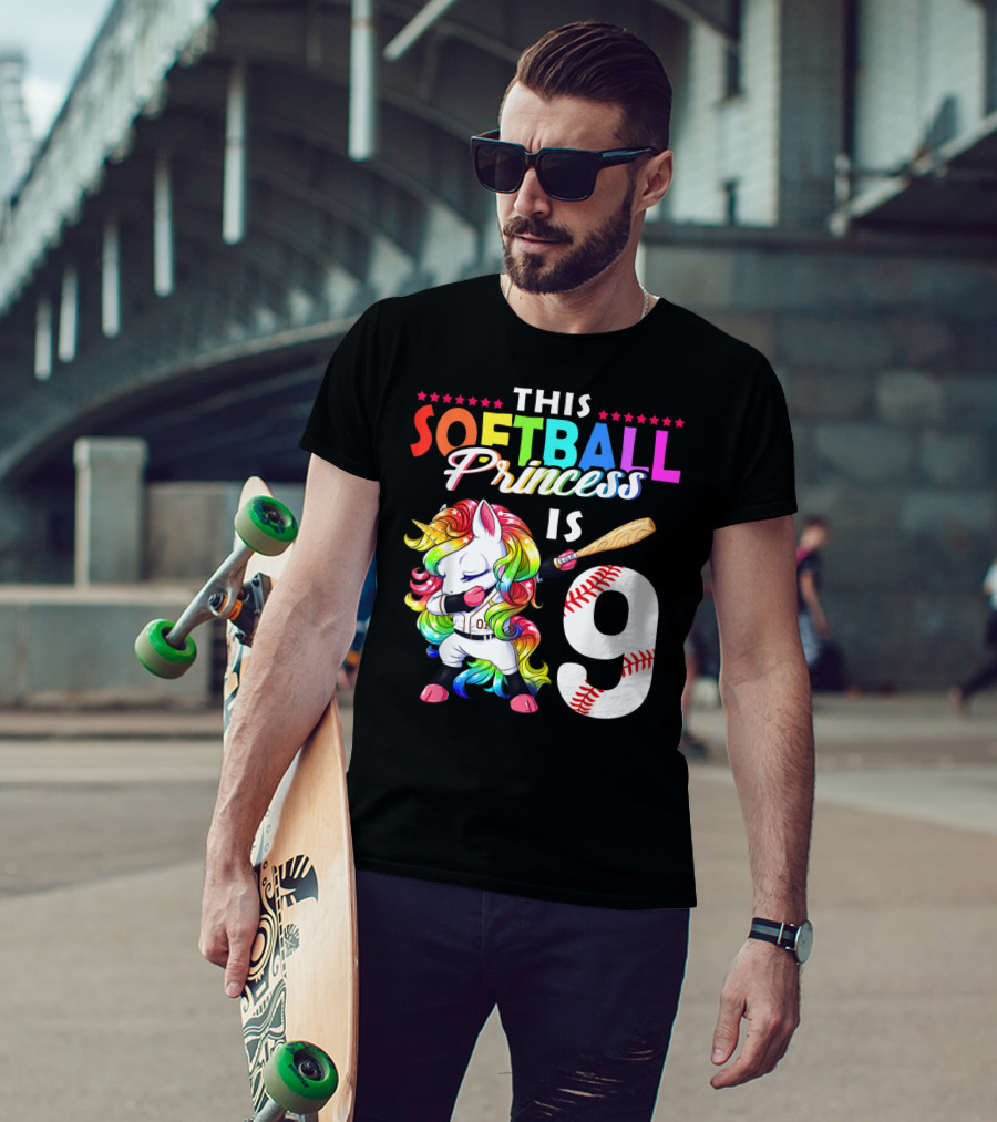 This Softball Princess Is 9 Unicorn Birthday Rainbow Bat T-Shirt
