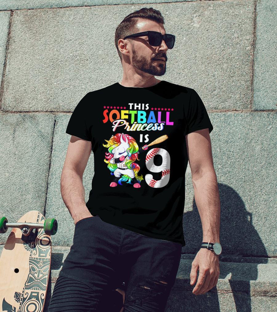 This Softball Princess Is 9 Unicorn Birthday Rainbow Bat T-Shirt