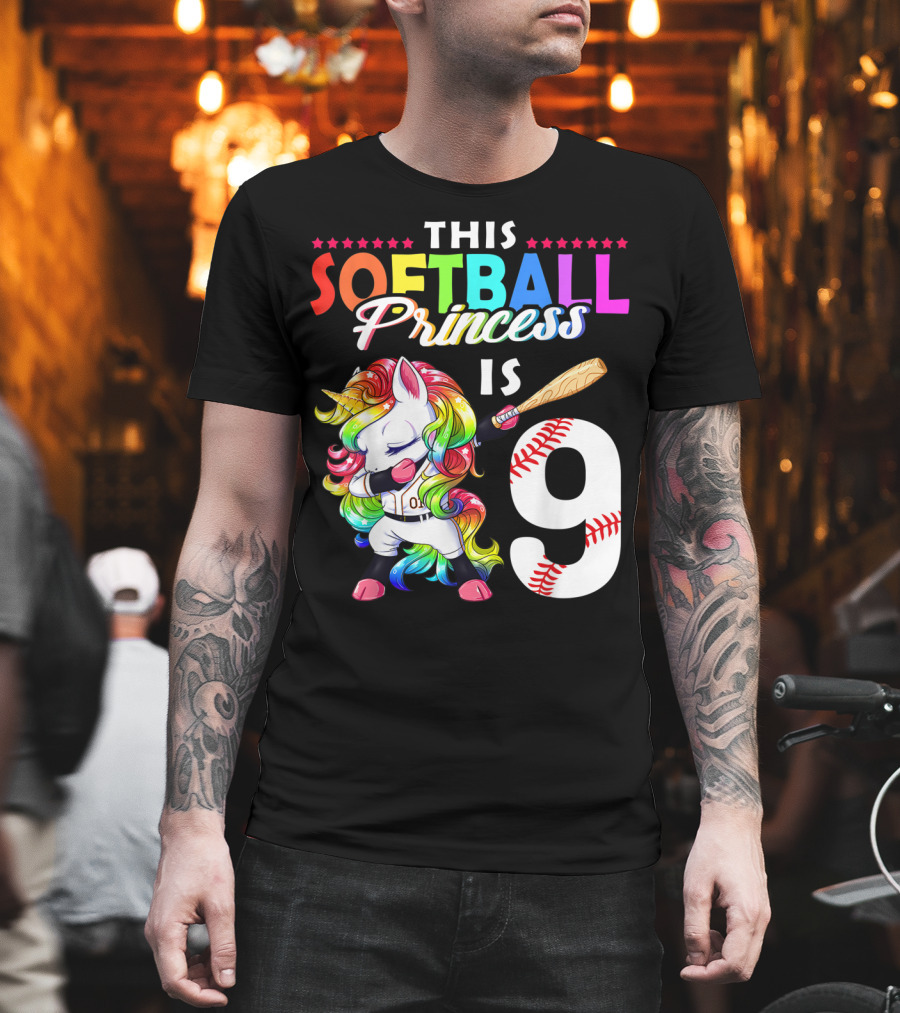 This Softball Princess Is 9 Unicorn Birthday Rainbow Bat T-Shirt