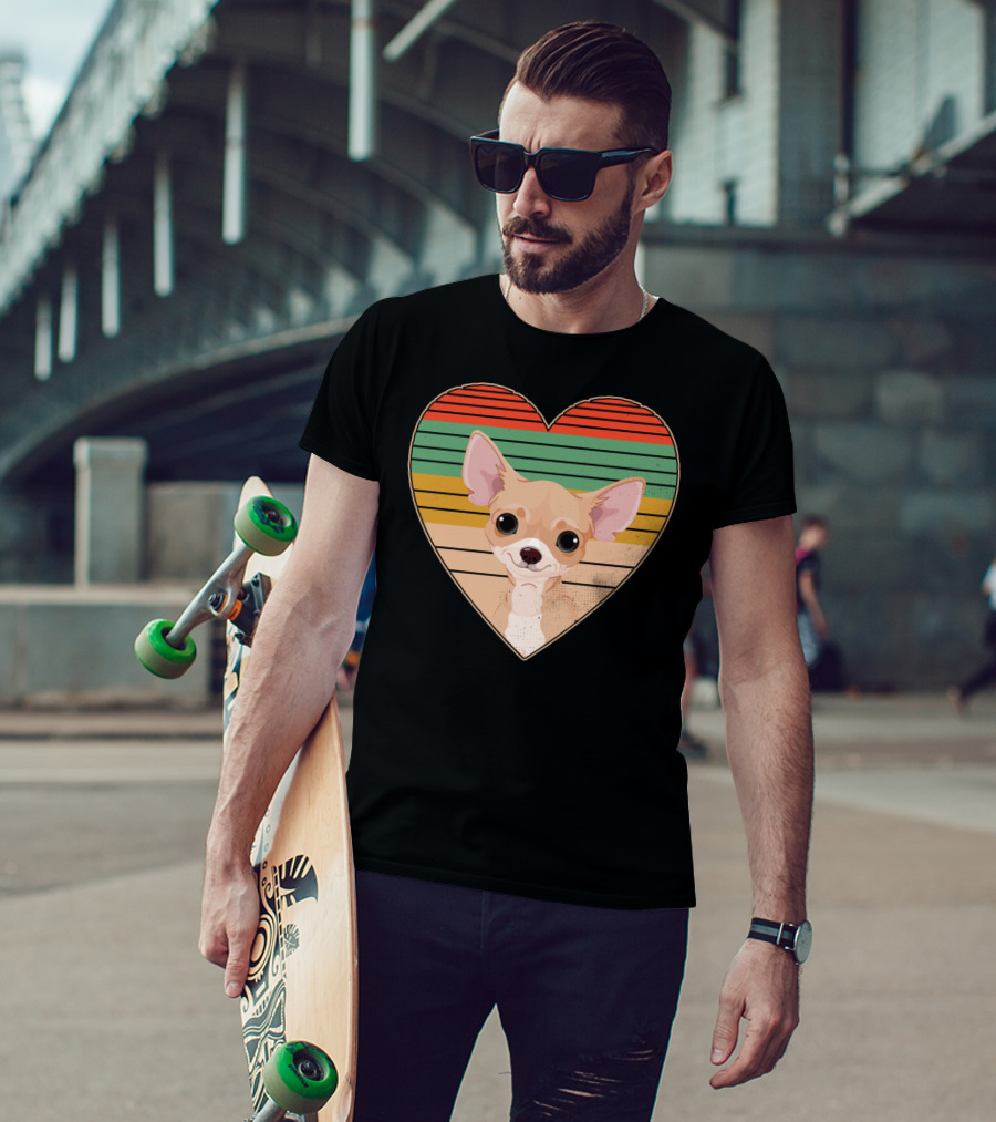 Vintage Chihuahua Heart Striped Retro Heart-Shaped T-Shirt
