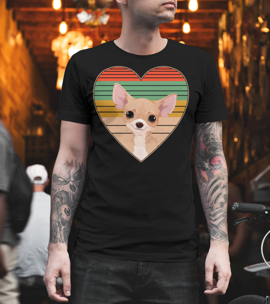 Vintage Chihuahua Heart Striped Retro Heart-Shaped T-Shirt