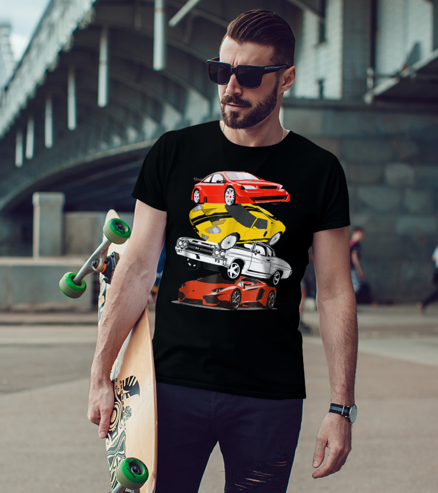Funny Classic Cars Stacked Red Yellow Black White Racing Cars T-Shirt