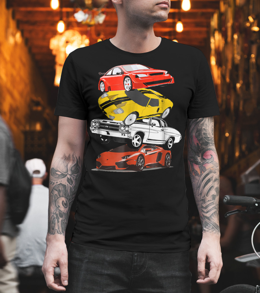 Funny Classic Cars Stacked Red Yellow Black White Racing Cars T-Shirt