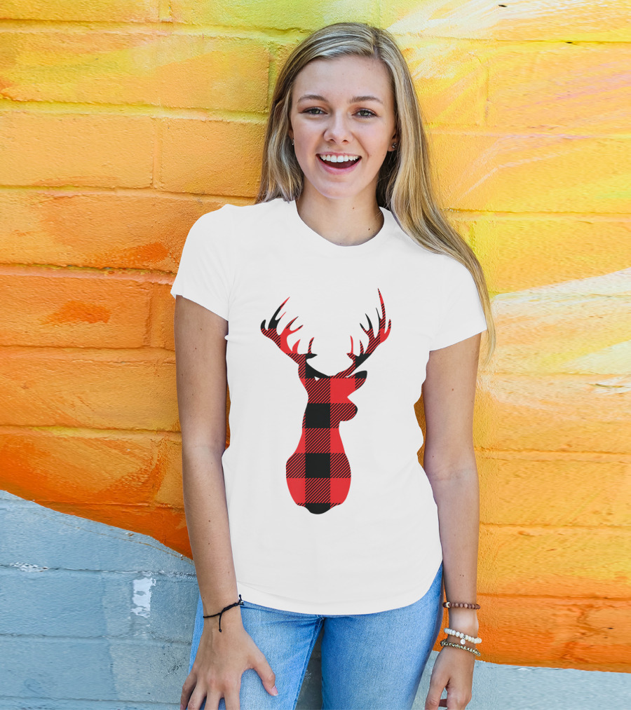Buffalo Plaid Red Black Christmas Deer T-Shirt