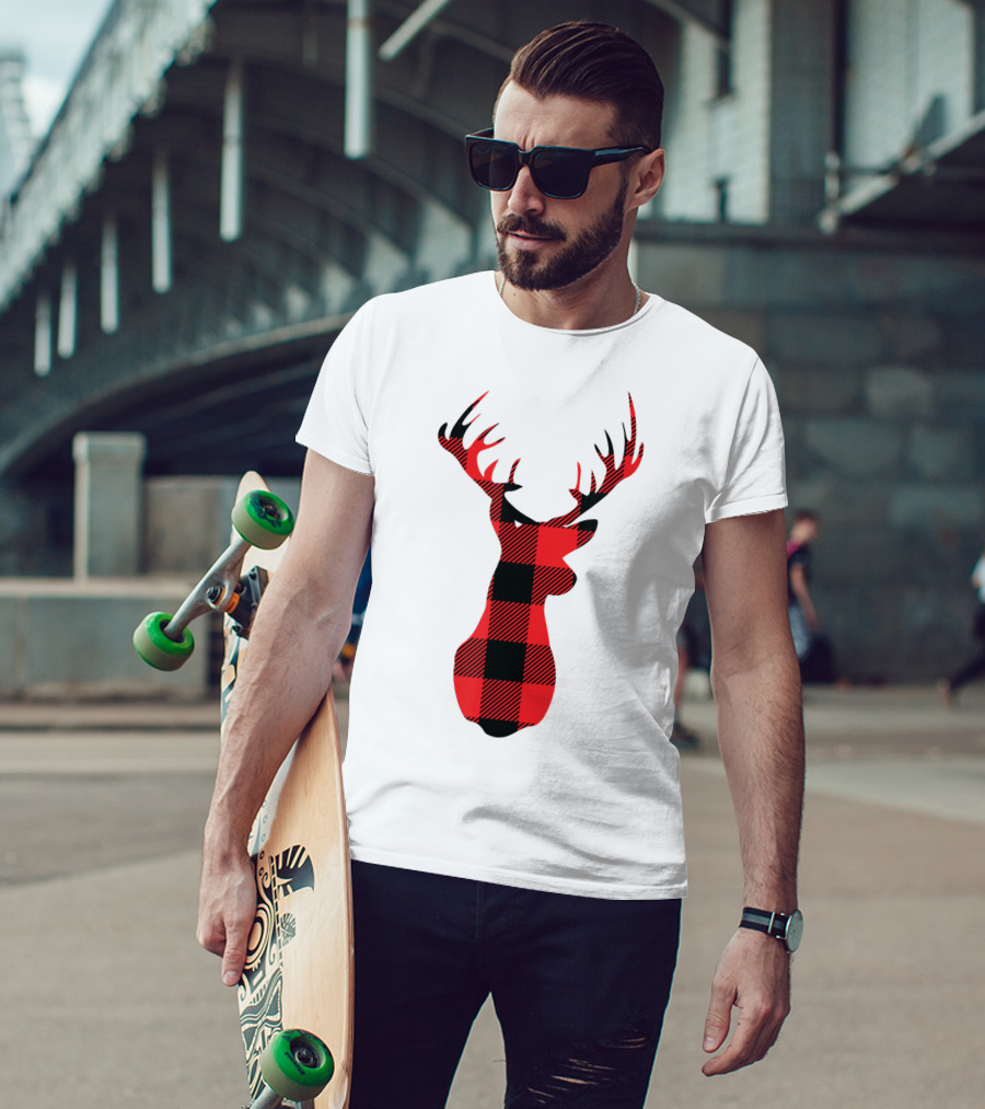 Buffalo Plaid Red Black Christmas Deer T-Shirt