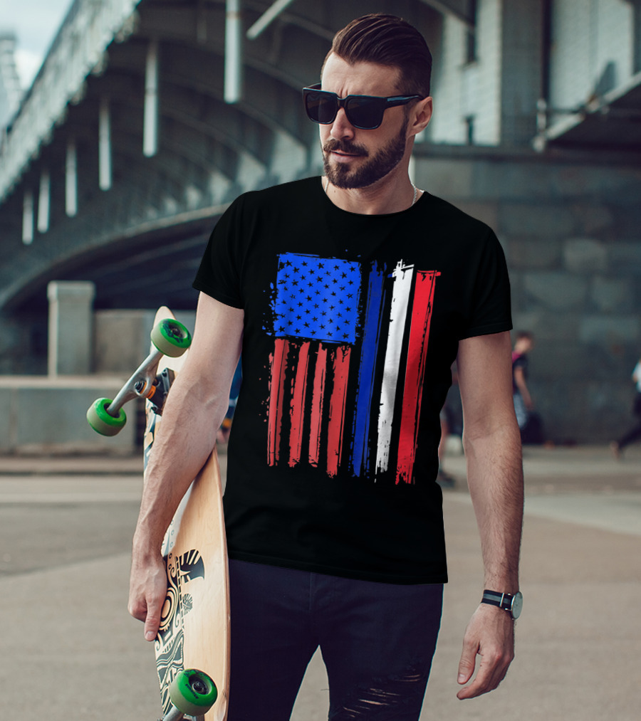 Half French American Flag Classic Patriot Stars And Stripes Paint T-Shirt