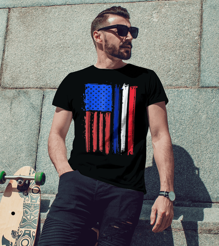 Half French American Flag Classic Patriot Stars And Stripes Paint T-Shirt
