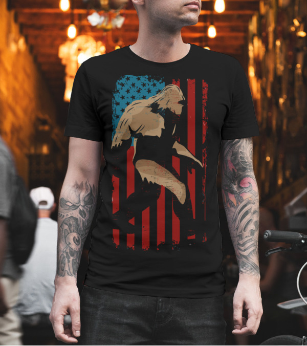 Bigfoot Walking Across American Flag Distressed Look 4th Of July T-Shirt Bigfoot Walking Across American Flag Distressed Look 4th Of July T-Shirt