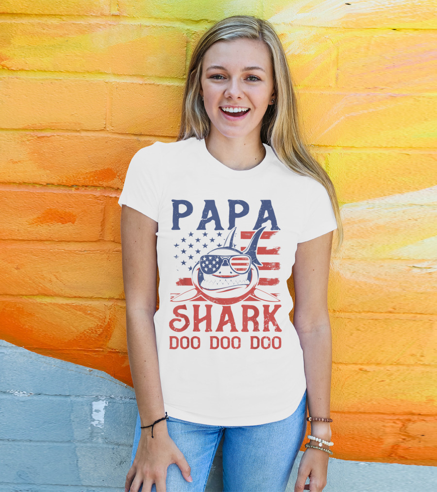 Papa Shark Doo Doo Doo American Flag Sunglasses T-Shirt
