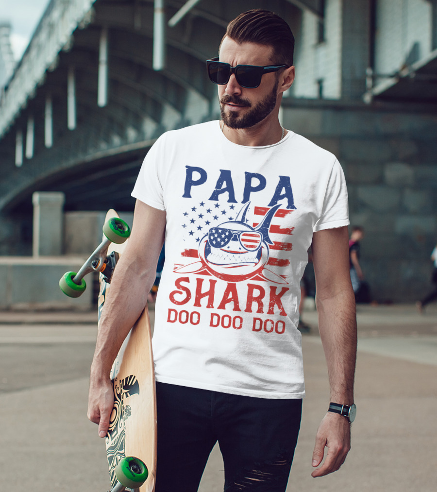 Papa Shark Doo Doo Doo American Flag Sunglasses T-Shirt