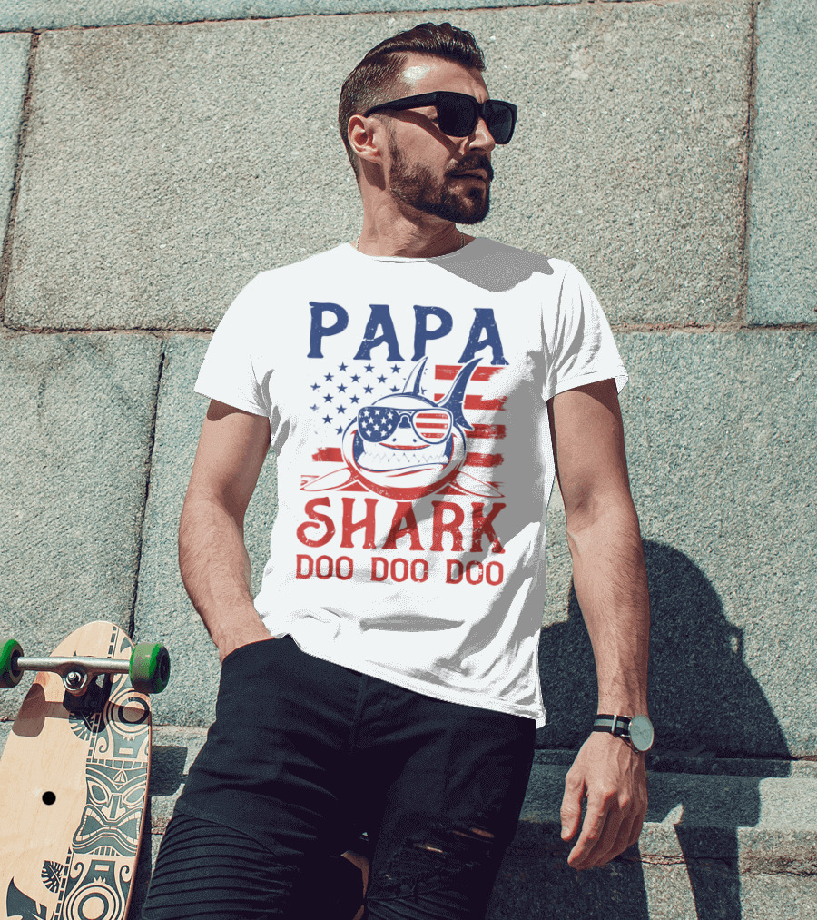 Papa Shark Doo Doo Doo American Flag Sunglasses T-Shirt