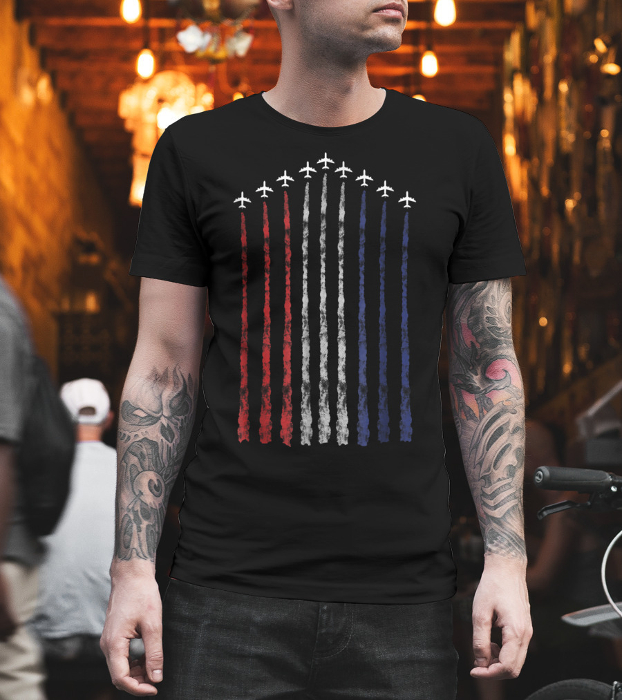 American Flag Fighter Jets Contrails USA Red White Blue T-Shirt