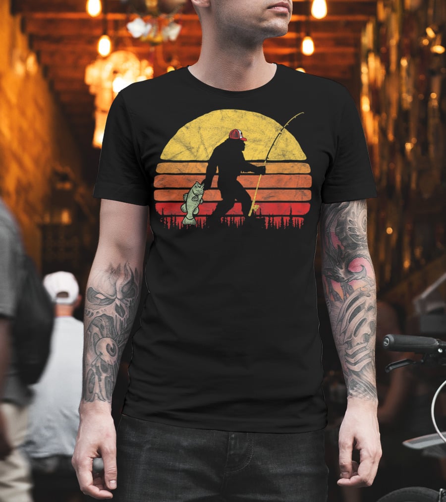 Bigfoot Bass Fishing Legend in Trucker Hat with Sunset T-Shirt