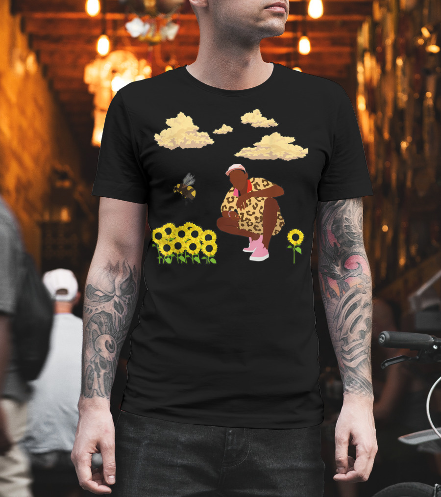 Bee Sunflower Boy With Clouds And Leopard T-Shirt