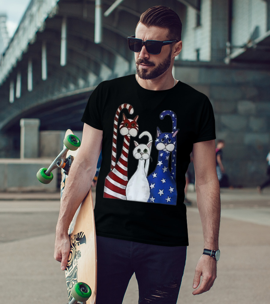 Cat American Flag USA Paws Patriotic Red White Blue Stars Stripes T-Shirt
