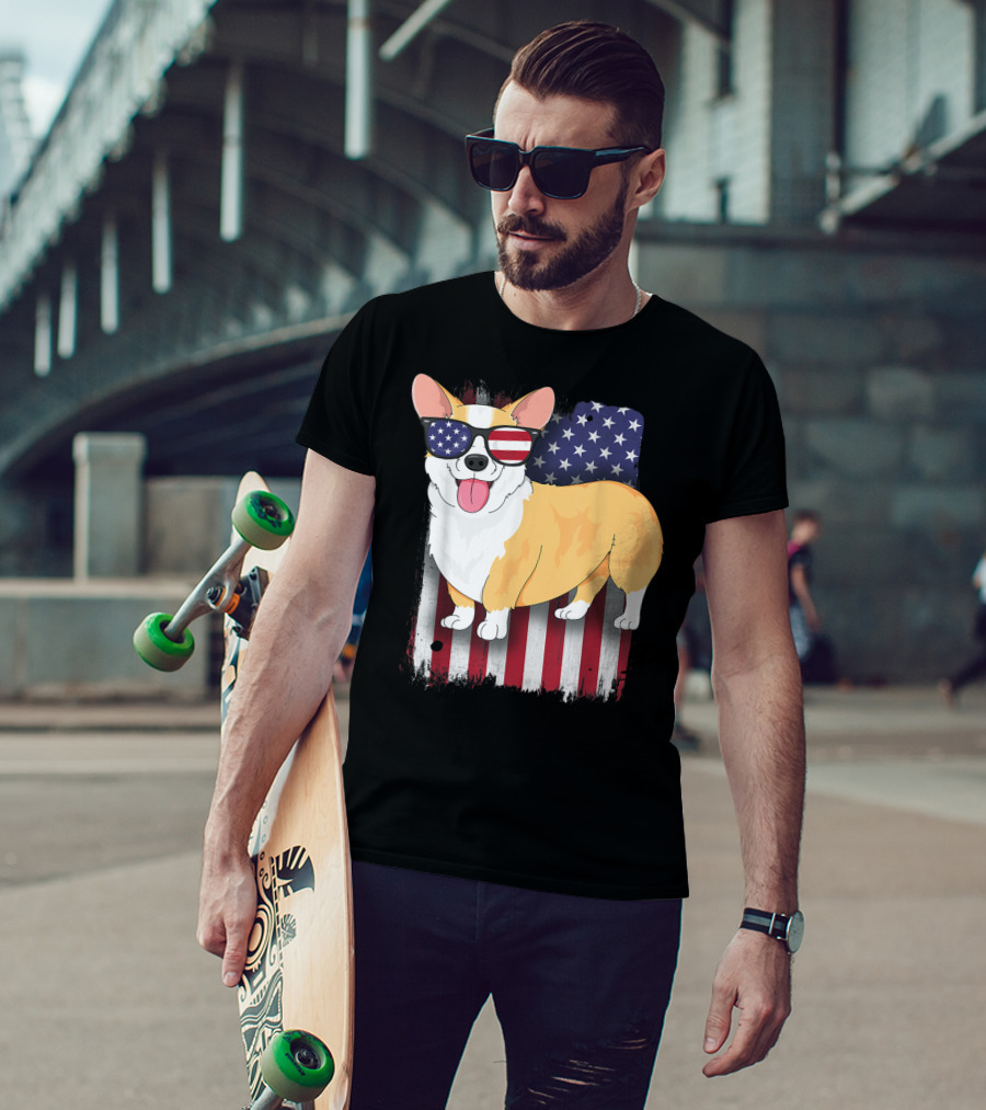 Corgi With Sunglasses American Flag Background T-Shirt
