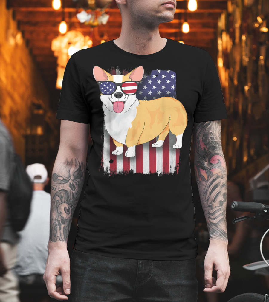 Corgi with Sunglasses American Flag Background T-Shirt