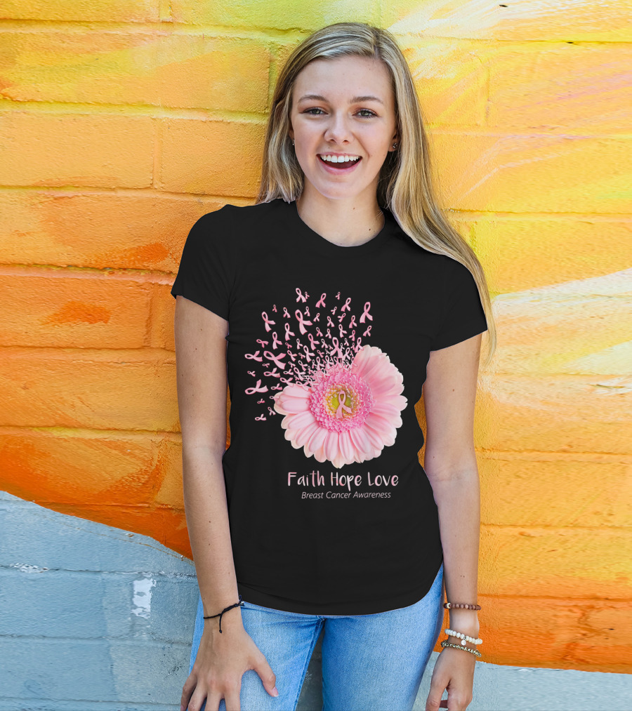Faith Hope Love Breast Cancer Awareness Pink Ribbon Flower Explosion T-Shirt