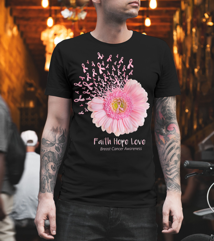 Faith Hope Love Breast Cancer Awareness Pink Ribbon Flower Explosion T-Shirt