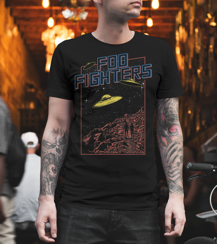 Foo Fighters UFO and Space Scene with Astronauts and Starry Sky T-Shirt
