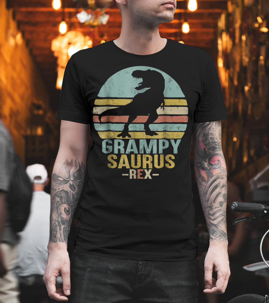 Grampysaurus Rex Funny Dinosaur Retro Sunset Stripes Grampy Sau T-Shirt