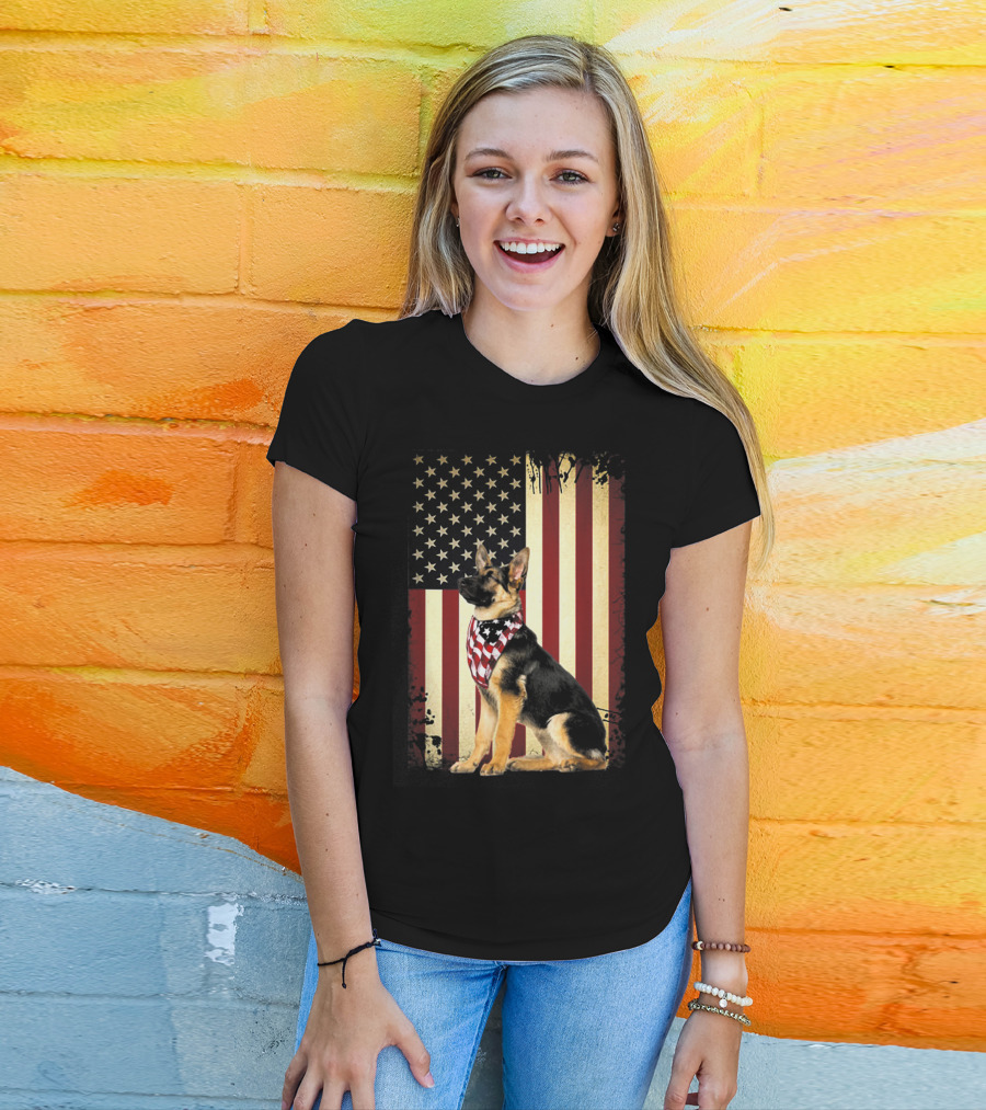 German Shepherd With American Flag Bandana In Front Of Stars And Stripes Flag T-Shirt