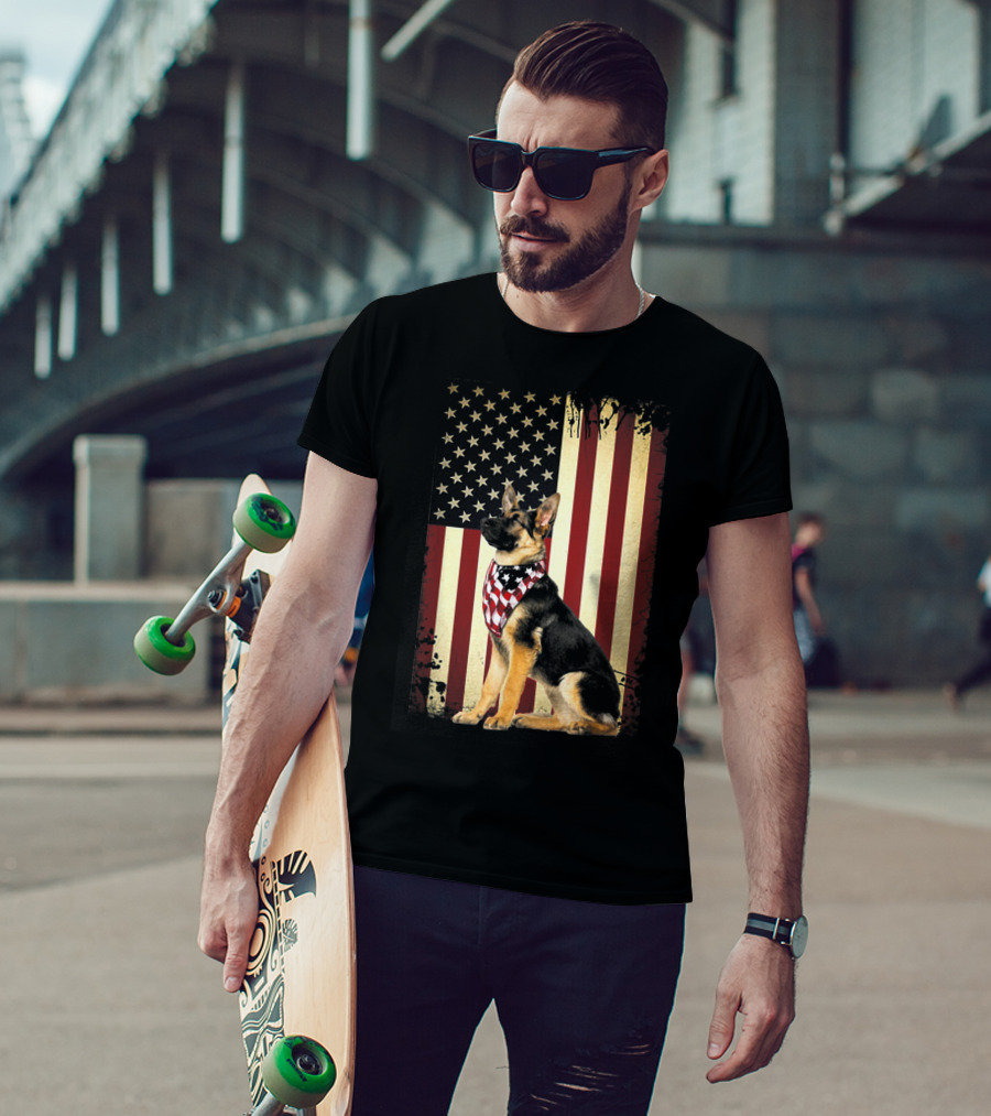 German Shepherd With American Flag Bandana In Front Of Stars And Stripes Flag T-Shirt