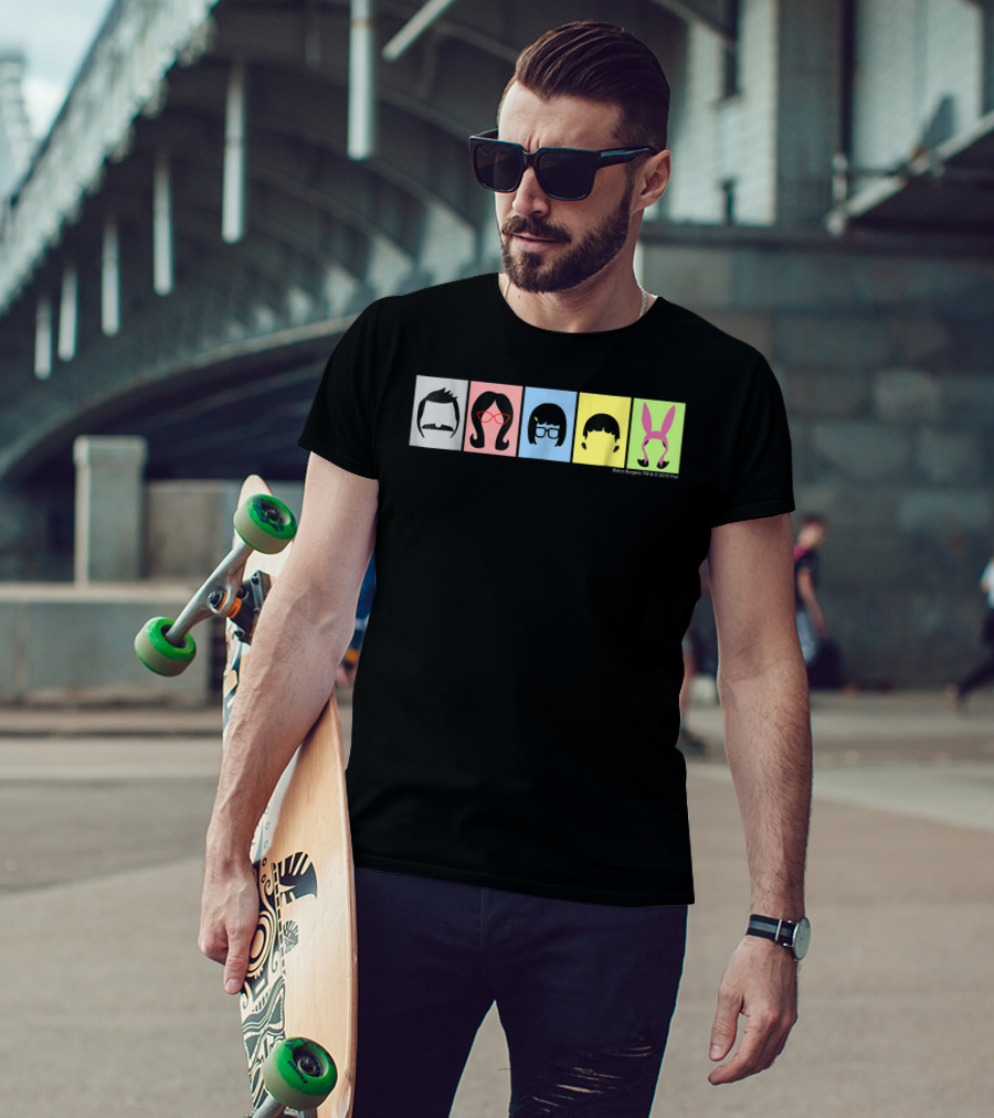 Bob's Burgers Characters Hair And Hats On Color Blocks T-Shirt