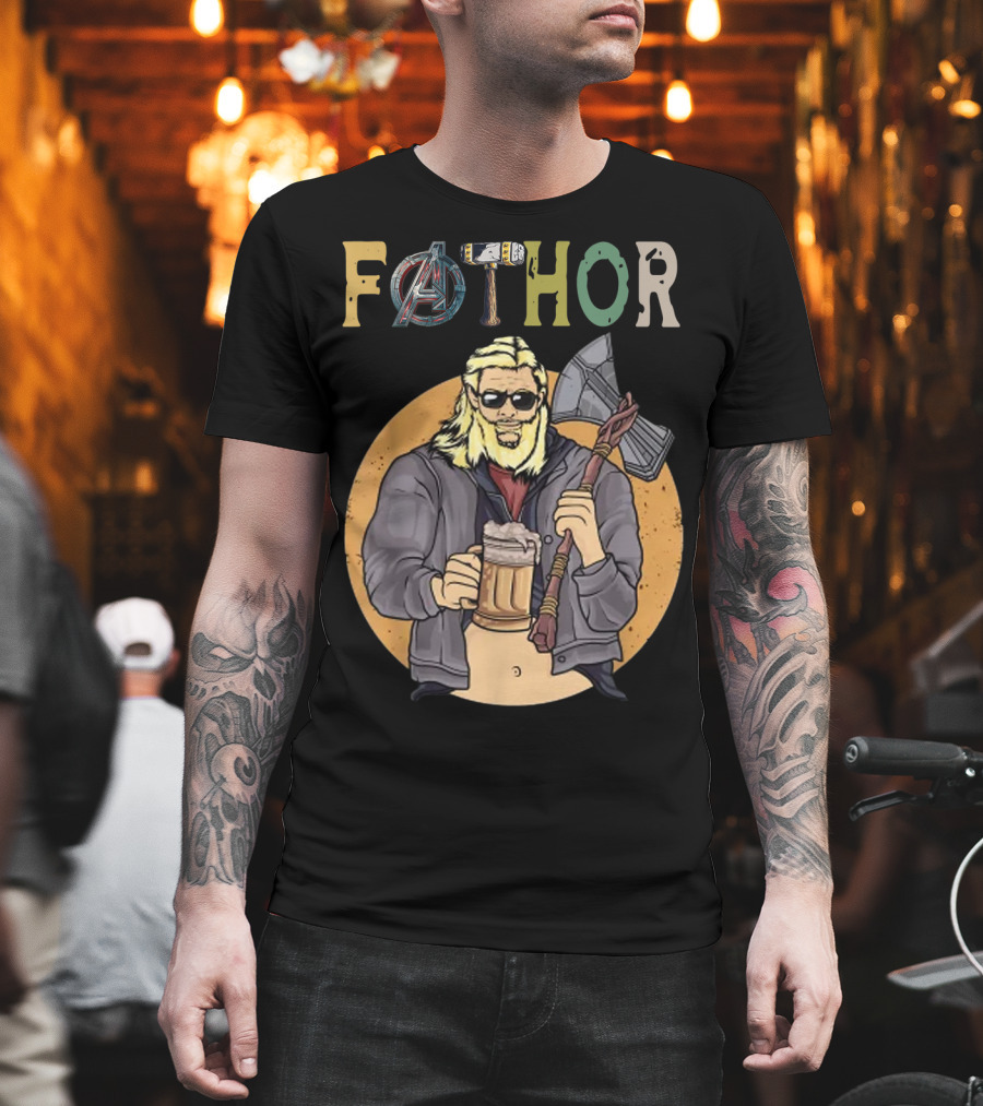 Fathor Avenger Beer Drinking Dad with Axe and Hammer T-Shirt