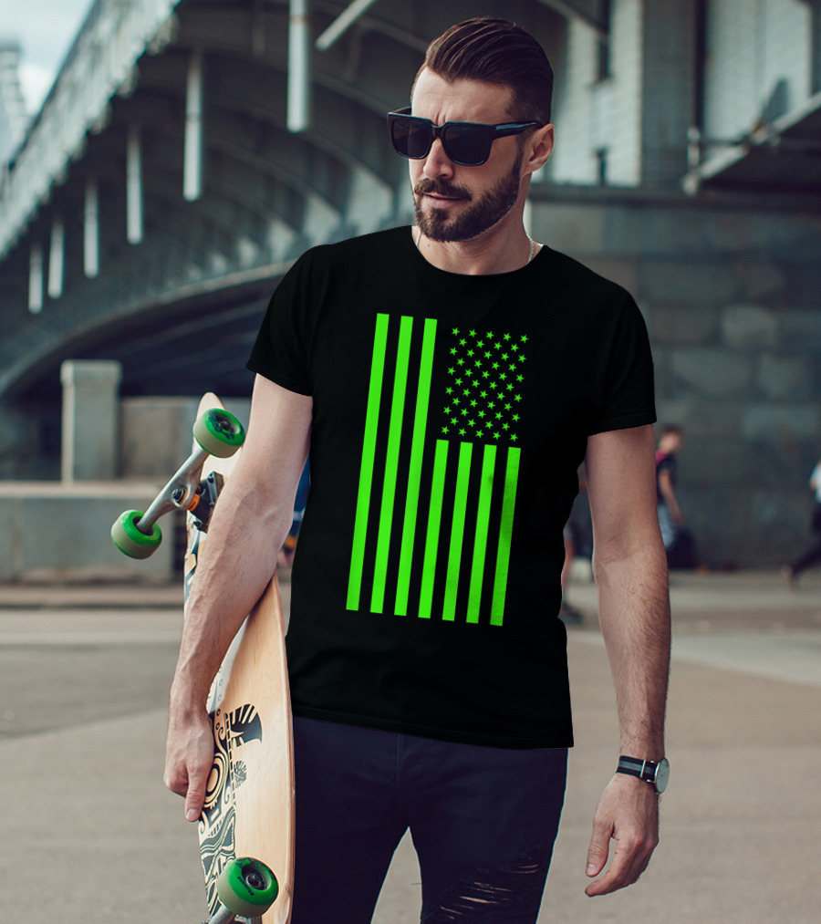 Green Banner USA Neon American Flag T-Shirt