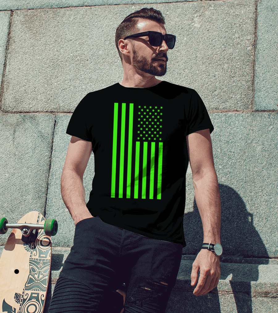 Green Banner USA Neon American Flag T-Shirt