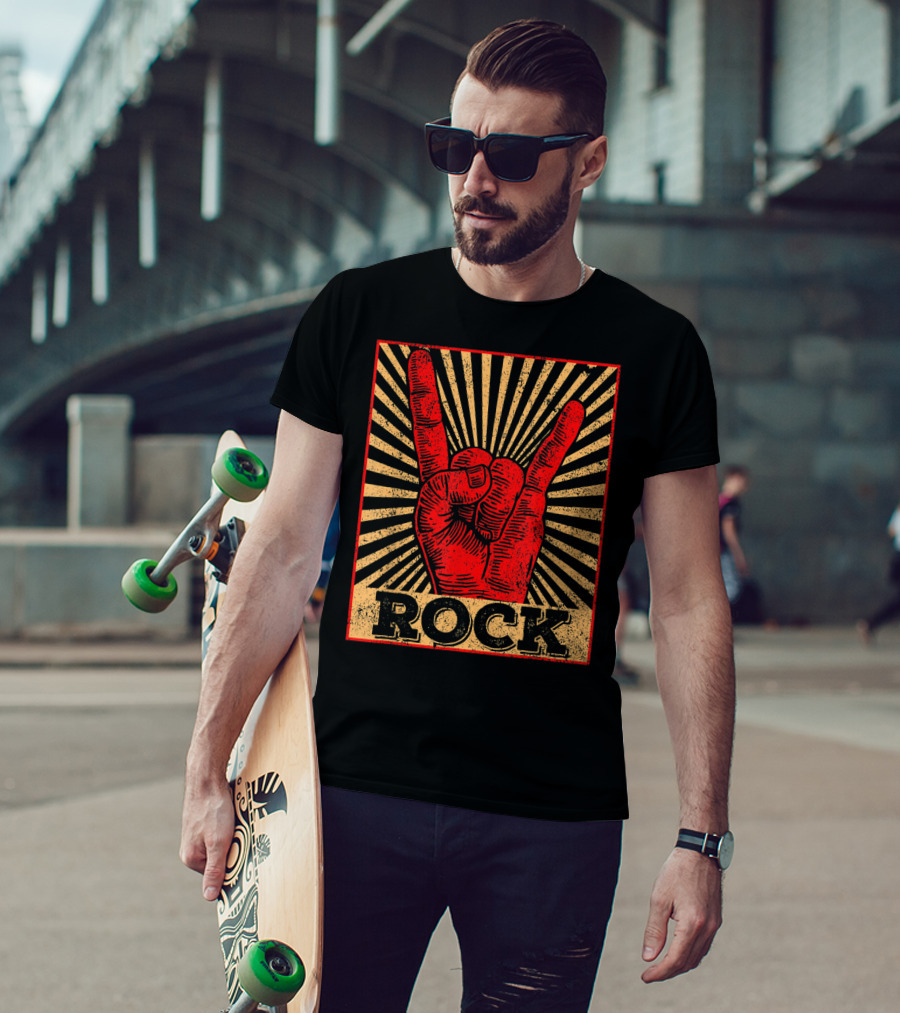 Vintage Rock N Roll Concert Band Hand Gesture Icon With Rock Text T-Shirt