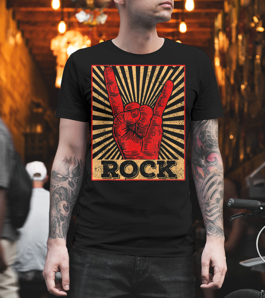 Vintage Rock N Roll Concert Band Hand Gesture Icon With Rock Text T-Shirt