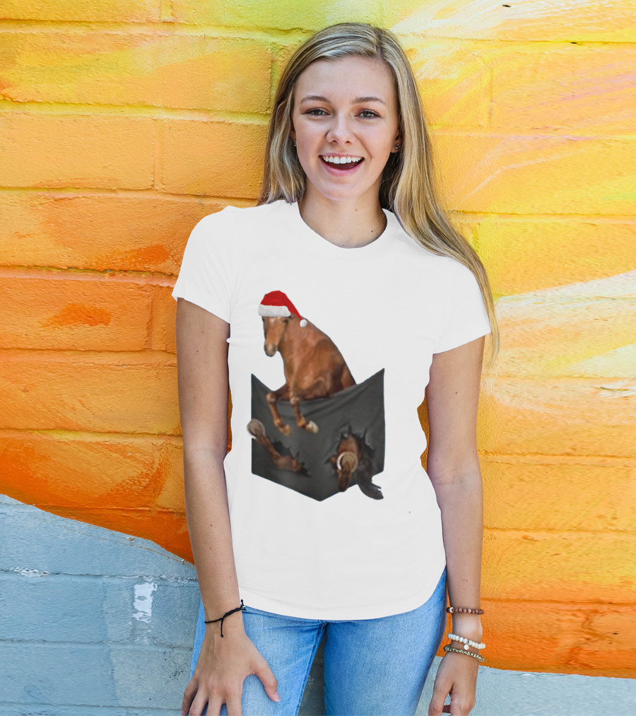 Santa Hat Criollo Horse Bursting From Pocket T-Shirt
