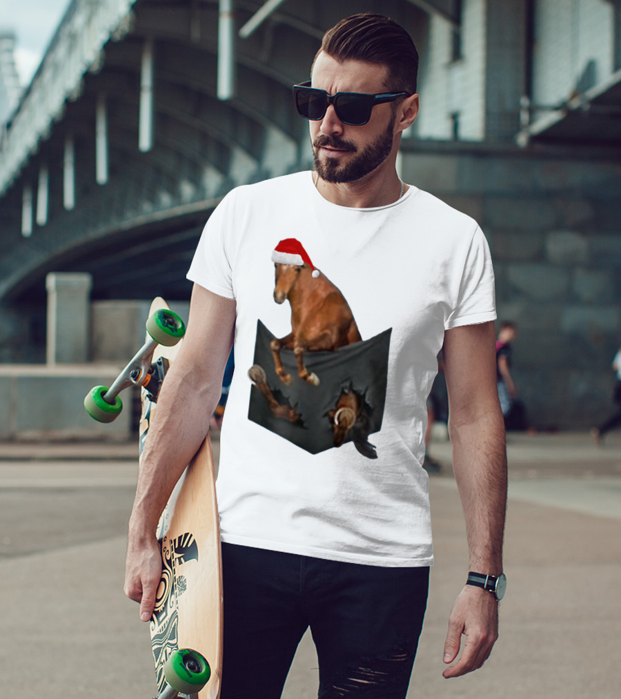Santa Hat Criollo Horse Bursting From Pocket T-Shirt