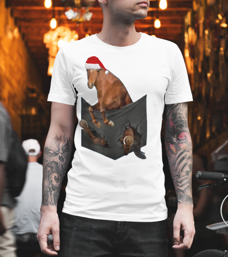 Santa Hat Criollo Horse Bursting from Pocket T-Shirt