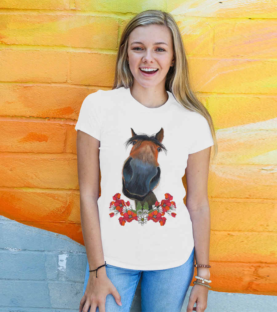 Adorable Horse With Red And White Flowers T-Shirt